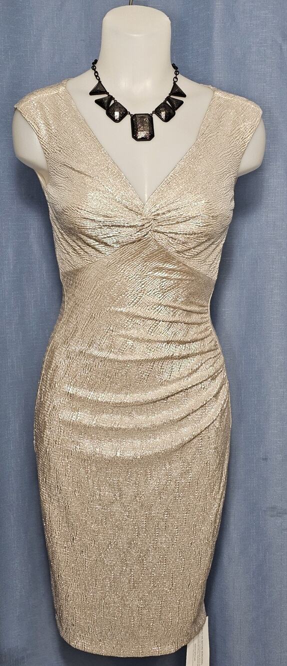 Caché Metallic Silver Ruched Knot Front Bodycon Dress Sz 0 NWT Holiday Cocktail